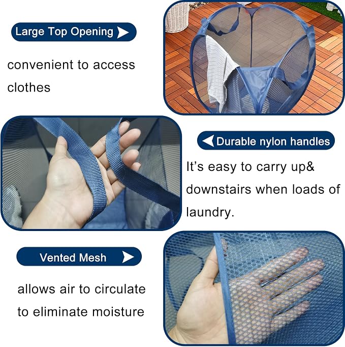 Mesh Pop Up Laundry Hamper for Cruise, Collapsible Laundry Basket Foldable Dirty Clothes Hamper with Handles, Side pocket, Ash Blue - Image 4
