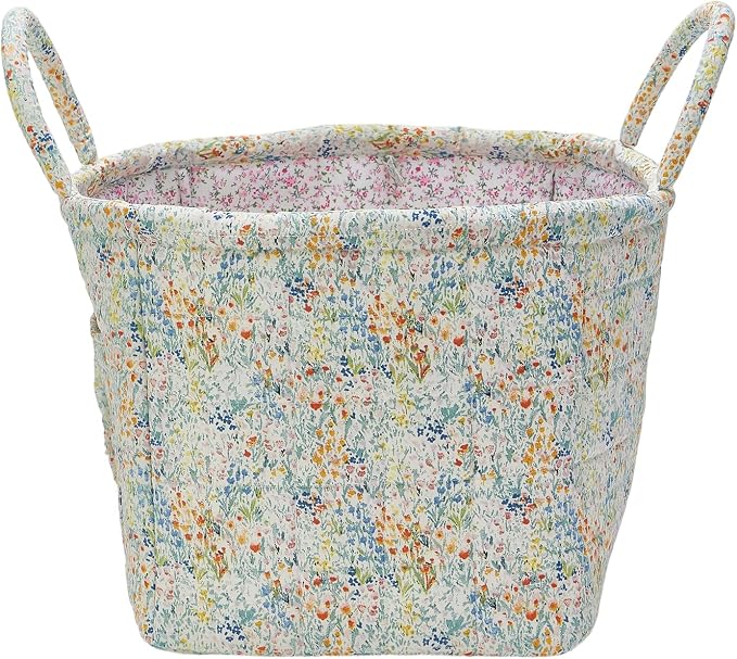 Quilted Fabric Storage Basket with Handles & Pocket, Foldable Laundry Hamper Boho Floral Print Organizer Bin for Home, Picnic, Office 12"x10"x10" (A-3) - Image 2
