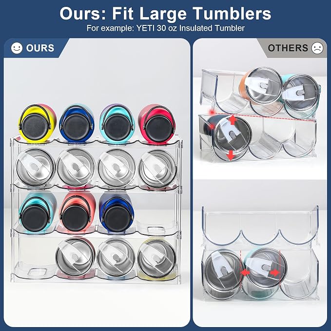 LARGER Compartment - 4 Tier Stackable Water Bottle Organizer Holder - for Stanley 40oz & Others' Large Tumbler - Clear Wine Rack, 16 Cup Bottle Holder for Cabinet Home Countertop Fridge Pantry Shelf - Image 2