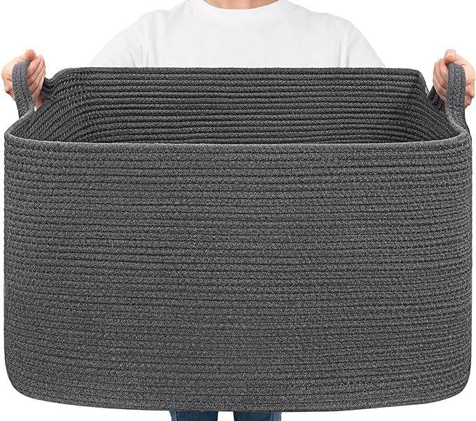 Goodpick 85L Large Woven Rope Blanket Basket, Rectangle, Dark Gray by Goodpick