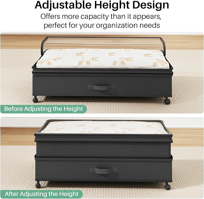 Kitstorack 2Pack Height-adjustable Under Bed Storage with Wheels, Under Bed Storage Containers,Under Bed Shoe Storage Organizer with Clear Window&Label, Suitable for Clothes Storage, Black - Image 6