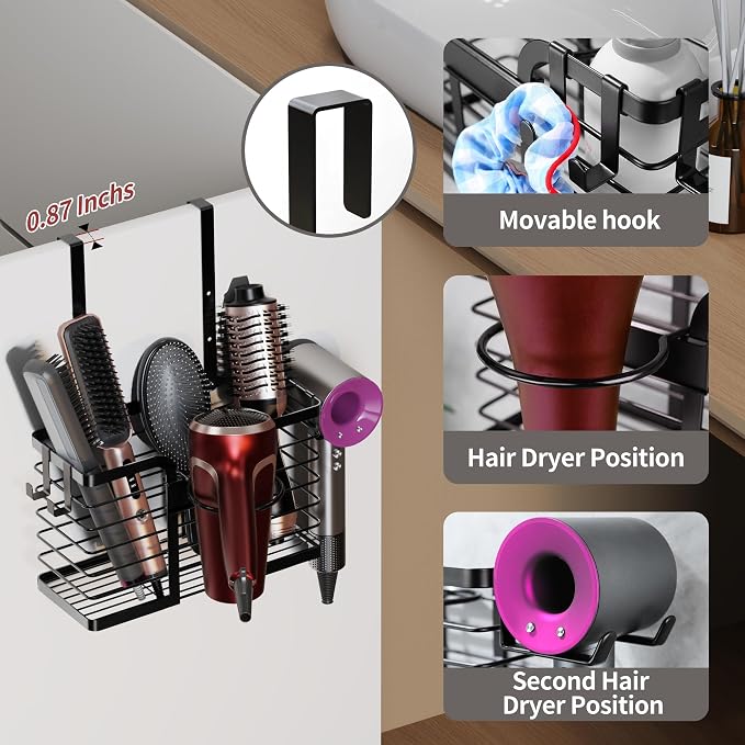 YIGII Hair Dryer Holder, 3 in 1 Hair Tools Organizer Blow Dryer Holder Adjustable Height Cabinet Door/Wall Mounted Bathroom Organizer and Storage for Hair Dryer, Flat Irons, Curing Wands - Image 3