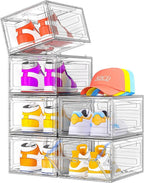 Sturdy Clear Shoe Organizer with Magnetic Door, Stackable Shoe Storage Box | Thick Plastic Shoe Storage for Sneakers & Boots, Collapsible Closet Shoe Rack and Clear Shoe Box, 6 Pack White by 7+code