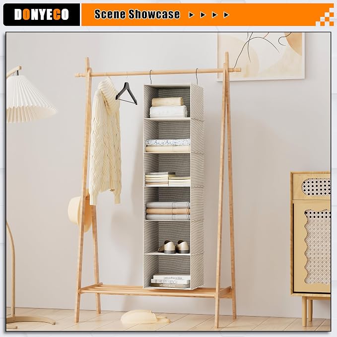 Hanging Closet Organizer 6-Tier, Oxford Wardrobe Storage, Beige Houndstooth | Easy-mount foldable design holds clothes, handbags, shoes & accessories; washable Oxford fabric, sturdy and space-saving. - Image 6