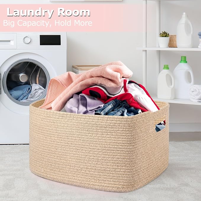 Large 75L Woven Laundry Basket, Collapsible Cotton Rope Storage Hamper for Blankets, Toys, Dirty Clothes, Rectangle Nursery Basket for Living Room, Bedroom, Baby Room - Brown - Image 6