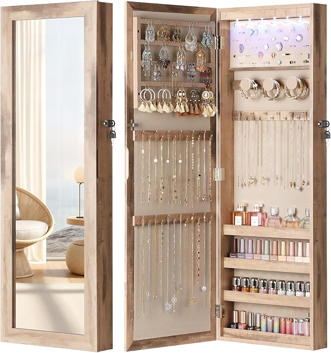 Nicetree 6 LEDs Jewelry Armoire, Hanging Mirror Jewelry Cabinet, Oak by Nicetree