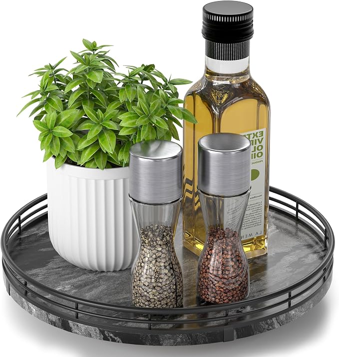 AMH 10-Inch Ancient Wood-Grain Marble Lazy Susan with Black Iron Frame by AMH