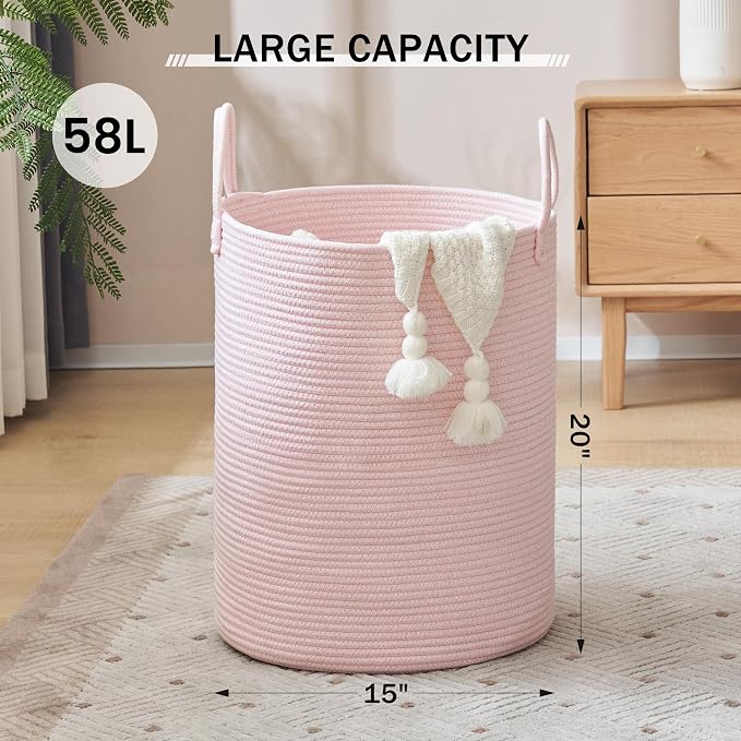 YOUDENOVA Cotton Rope Laundry Hamper Basket, 58L Blanket Basket for Nursery - Image 2