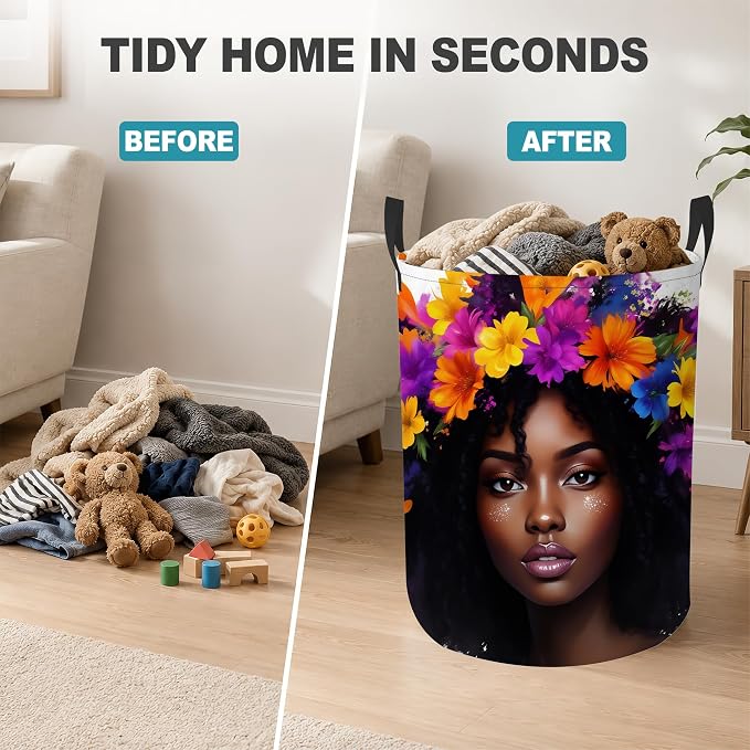 Laundry Hamper,African Girl Woman Collapsible Laundry Basket with Handles,Boho Floral Waterproof Oxford Cloth Clothes Organizer for Bedroom Bathroom Dorm Nursery,16 x 20 Inch - Image 4