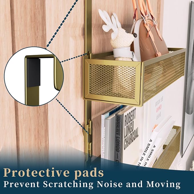 Consumest Over The Door Hooks Organizer - 3 Tier Door Hanger with 9 Coat Hooks & 2 Mesh Basket, Back Storage Organizer Hanging Towels for Bathroom, Bedroom, Gold - Image 4