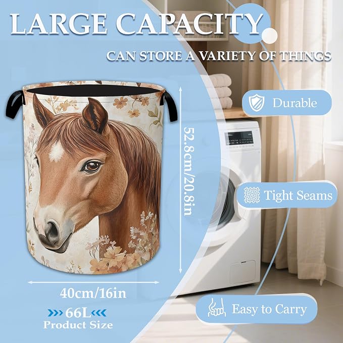 Horse Flowers Laundry Basket Collapsible Laundry Hamper Oxford Storage Bin for Clothes Storage, Organizer, Books and Sundries 16" X 20.8" - Image 2