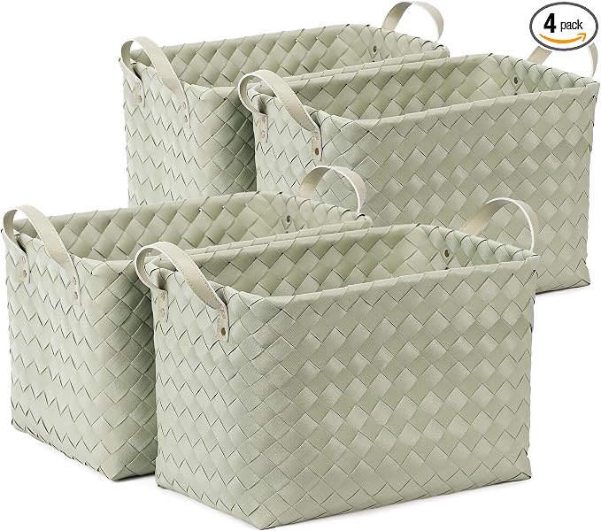 BROWNLILY Handwoven Clothes Basket Laundry Hampers Large Wicker Storage Baskets for Shelves Blankets Closet Storage Bins Car Bedroom Bathroom Organizers and Storage Bath (Pack of 4, Green) by BROWNLILY