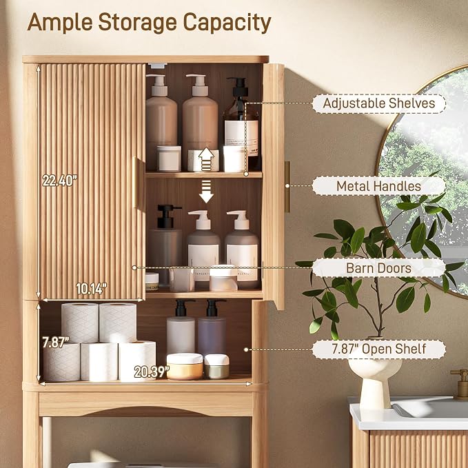 Vabches Farmhouse Over the Toilet Storage Cabinet with 2 Fluted Doors, Oak - Image 3