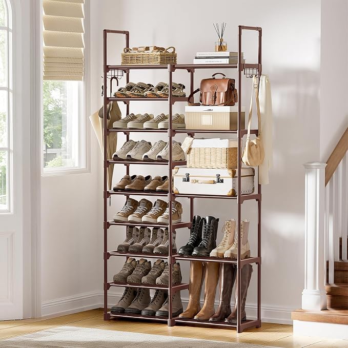 WOWLIVE 9 Tier 2-Column Shoe Rack, 30-35 Pairs Stackable Brown - Image 2