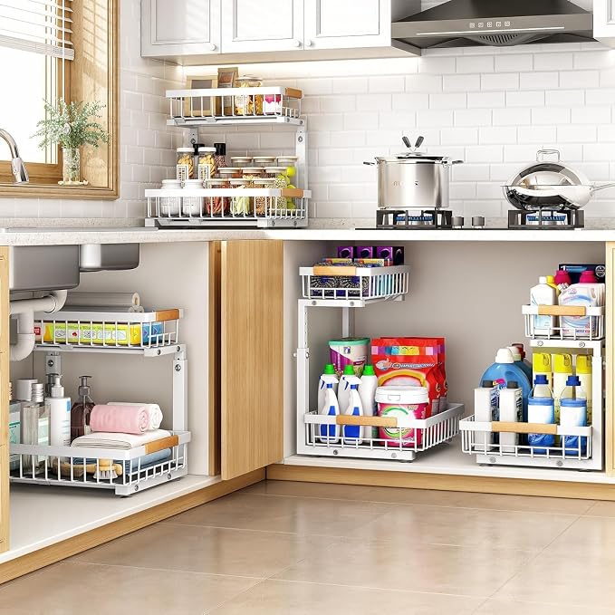 PXRACK Under Sink Organizer, Adjustable Height, 2 Tier Pull Out Under Cabinet Organizer, Slide Out Thickened Metal Under Sink Storage for Kitchen Bathroom Laundry Pantry Cabinet, White, Small-2-Pack - Image 7
