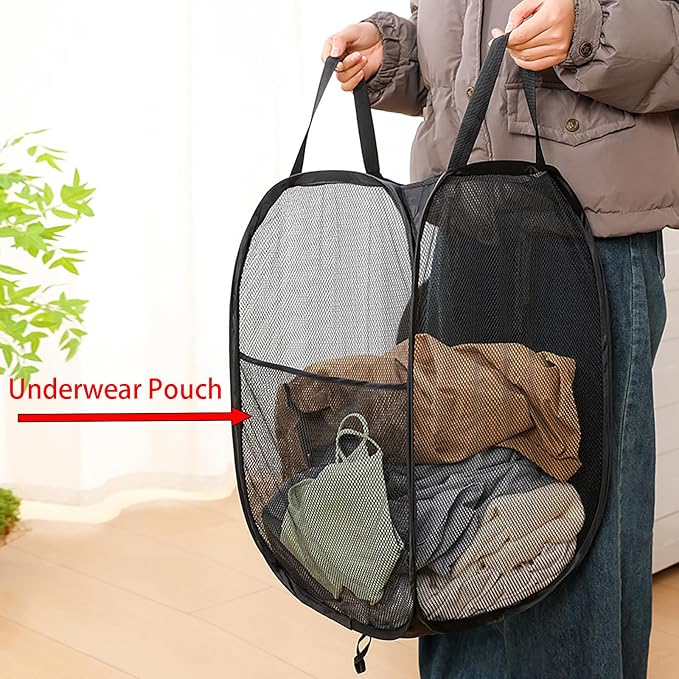 2 Pcs Foldable Laundry Basket, 22.8 Inch x 14 Inch x 14 Inch Mesh Handy Pop Up Hamper for Clothes and Storage (black) - Image 3