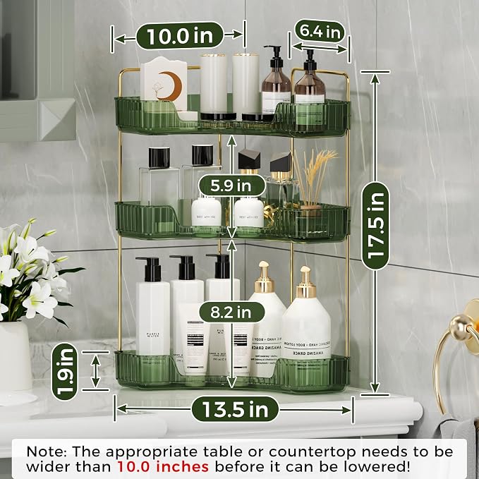 YCIA&DONE Corner Bathroom Counter Organizer, Makeup Organizer for Vanity, Skincare Cosmetic Perfume Tray, Corner Countertop Shelf Rack Storage for Bathroom Kitchen 3 Tiers (Vintage Green) - Image 6