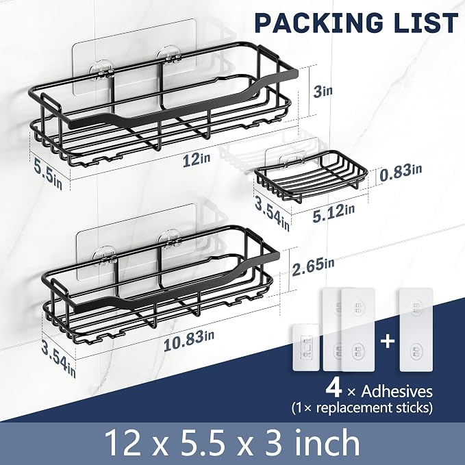 OMAIRA 3-Pack Shower Caddy with Soap Holder, Adhesive Rustproof No-drill Strudy Loading Inside Shower Organizer Shelves Rack Storage Bathroom Organization for Smooth Wall Glass Tile, Black (XX-Large) - Image 7