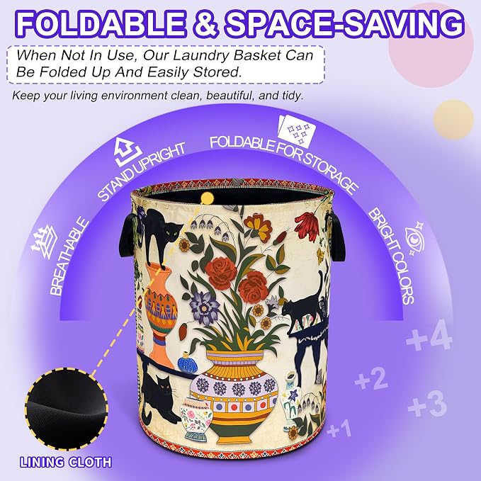 Black Cat Flower Laundry Basket Floral Vase Art Oxford Cloth Laundry Hamper - Image 5