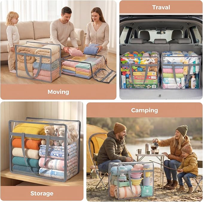 4 Pack Clear Storage Bags for Clothes, 45L Closet Organizers and Storage | Plastic storage with zipper and handle, moving bags, under-bed storage, closet organizer for blankets, comforters, toys - Image 6