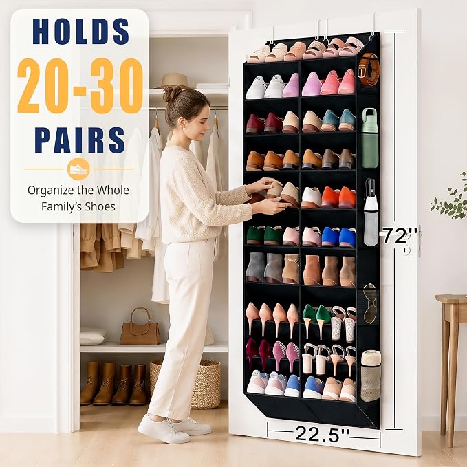 UVIAHOMI 20-30 Pairs Over the Door Shoe Organizer with Side Mesh Pockets, 10-Tier Hanging Shoe Storage for Closet, Breathable Door Shoe Rack Holds Sneakers, Boots, Heels & Daily Essentials, Black - Image 2