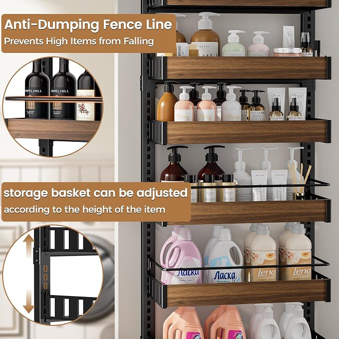 POKIPO 6 Tier Over The Door Pantry Organizer, 2-in-1 Door Hanging or Wall Mounted Spice Rack, Large Heavy Duty Pantry Door Storage Seasoning Shelves with Adjustable Basket for Kitchen Bathroom Closet - Image 4