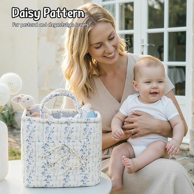Quilted Fabric Car Storage Basket with Handles & Pocket, Foldable Laundry Hamper Boho Floral Print Organizer Bin for Home, Picnic, Office Nursery Cloth Toy 12"x10"x10" (Style E) - Image 5