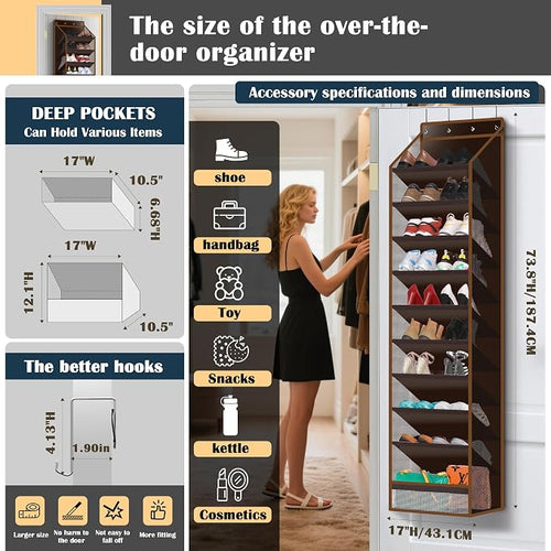 10 - Pocket Over - the - Door Hanging Shoe Organizers & Rack, Made of Sturdy 600D Oxford + Non - Woven Fabric, Space - Saving Storage for Shoes, Boots & More (Dark coffee color) - Image 2