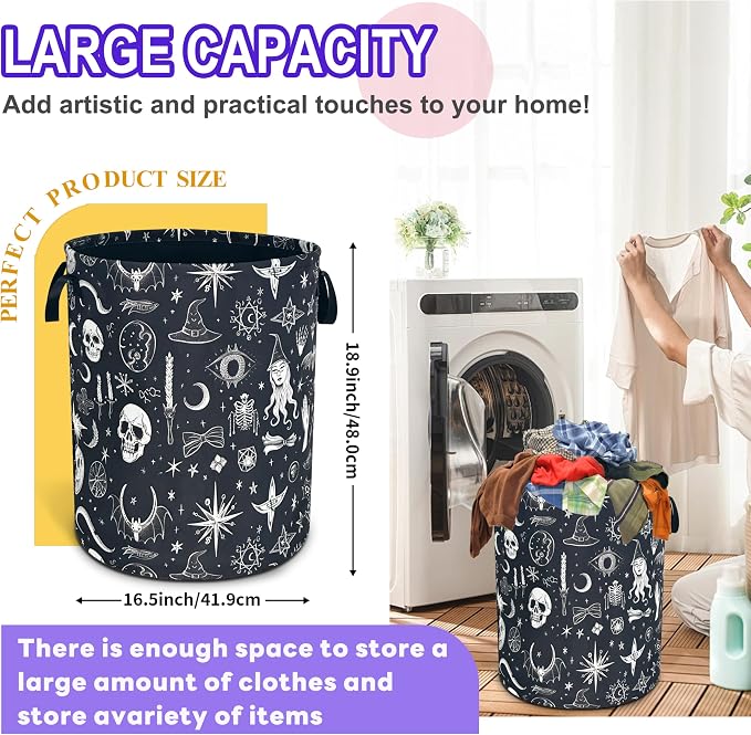 Witch Skull Gothic Laundry Basket Foldable Oxford Cloth Hamper 18.9x16.5 In - Image 2