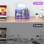 EasyPAG Mesh Desk Organizer with Drawer Multi-functional Pen Holder Stationery Organizer for Office School Supplies 6 Compartments Dorm Organizers and Storage for Desk, Purple - Image 4