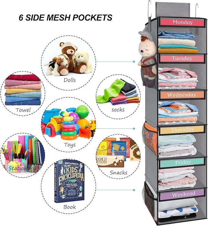 Fixwal Weekly Kids Clothes Organizer 6-Shelf Hanging Closet Storage Grey | Nonwoven Fabric, 6 Daily Shelves, 6 Mesh Side Pockets, 2 Metal Hooks, Foldable Design, for Kids Outfits and Accessories - Image 6