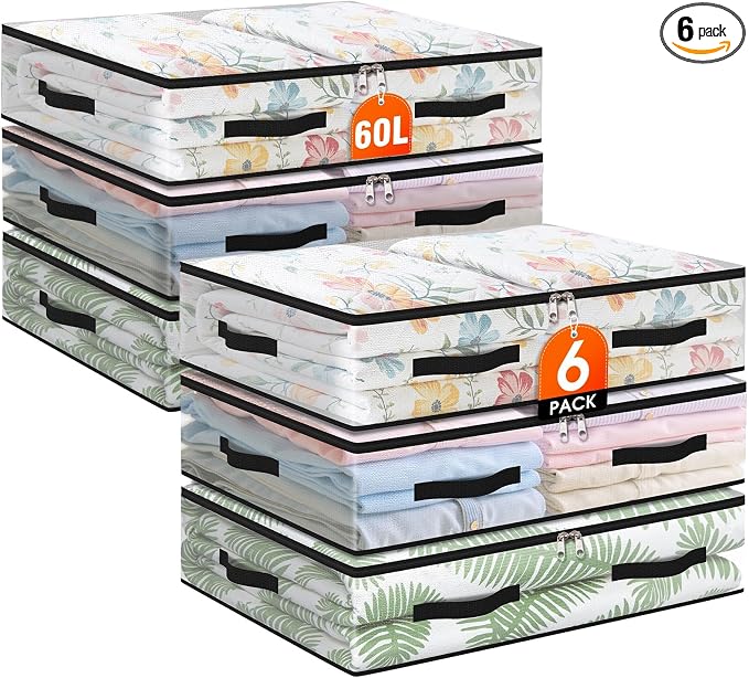 6 Pack Under Bed Storage Bags, 60L Foldable Clear Containers with Handles | Dual Zipper Storage Bins for Comforters, Bedding, Blankets, Closet Organizer for Clothes, Linen Sheets, College Moving by Unknown