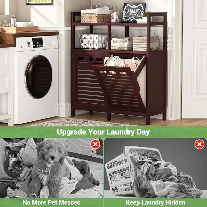 Homykic Tilt Out Laundry Hamper Cabinet, Bamboo Laundry Organizer, Espresso - Image 5