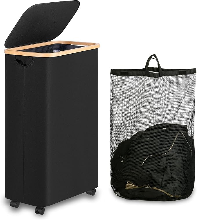 Laundry Hamper with Wheels,74L Laundry Basket with lid Rolling Clothes Basket Foldable Dirty Clothes Hamper on wheels with Bamboo Frame and Bag for Bedroom, Dorm, Laundry Room,Black(20 Gal) by iEGrow
