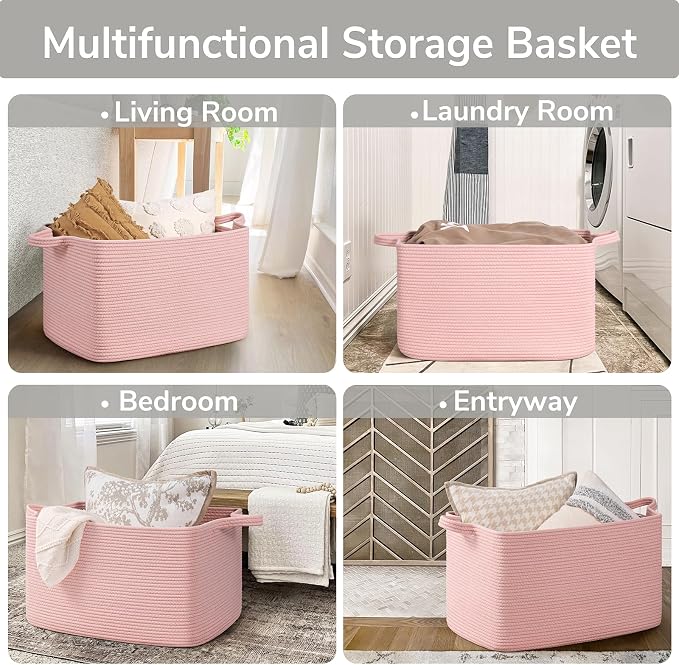Goodpick Large Woven Rope Blanket Basket, Rectangle, Pink, 75L - Image 4