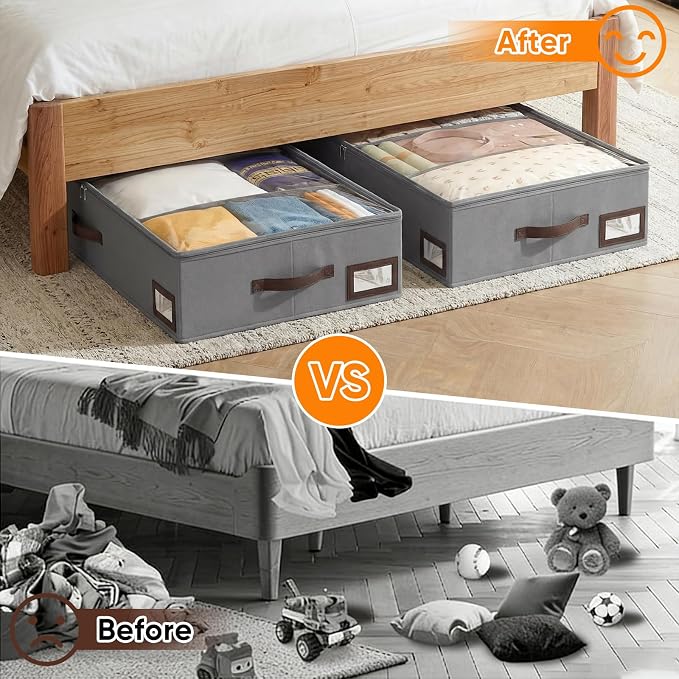 OIAHOMY 2 Pack 38L Under Bed Storage with Adjustable Dividers, 6" Low Profile Underbed Storage Bins for Comforters & Clothes, Save Closet Space with Clear View Lid & Reinforced Handles, Grey - Image 5