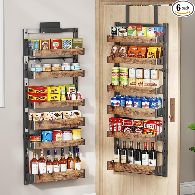 6-Tier Over The Door Pantry Organizer, Heavy-Duty Metal Wall Mount or Hanging Spice Rack, behind the door storage Shelves with Adjustable Basket, Back of Door Organizer for Kitchen Cabinet and Closet by DAOTENGQL