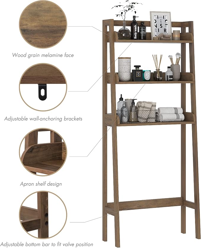UTEX Over Toilet Bathroom Organizer, 3-Tier Storage Shelf Rack, Wood Grain - Image 5