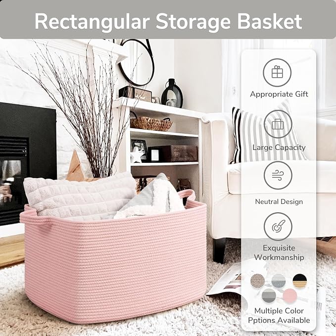 Goodpick Large Woven Rope Blanket Basket, Rectangle, Pink, 75L - Image 7