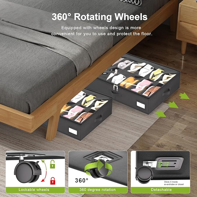 homyfort Under Bed Shoe Storage with Wheels, Fits 24 Pairs, Rolling Shoe Organizer with Bottom Support & Clear Lids, Sturdy Under Bed Storage Box for Shoes, Set of 2, Black - Image 3