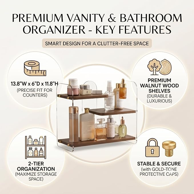3-Tier Acrylic & Wood Bathroom Vanity Countertop Organizer Shelf - Image 7