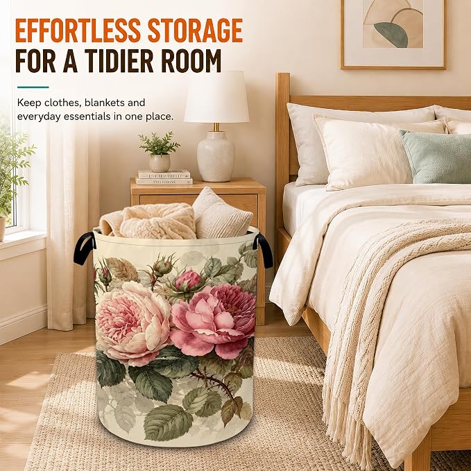 Vintage Peony Flower Laundry Basket,Foldable Oxford Laundry Hamper with Handles,Collapsible Clothes Storage Bucket Tote Bag for Laundry Room,Bathroom,Bedroom,Dorm - Image 6