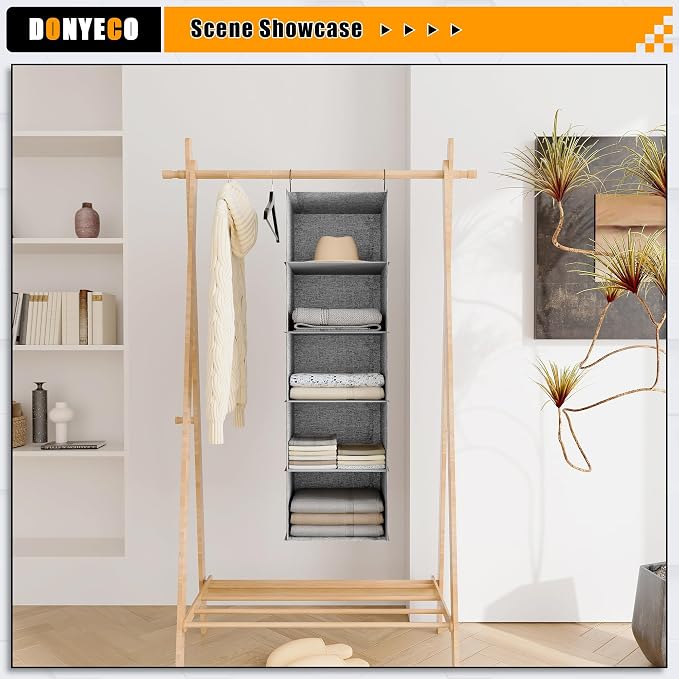 Hanging Closet Organizer 5-Shelf, Oxford Linen Wardrobe Storage, Gray | Easy-mount foldable design holds clothes, handbags, shoes & accessories; washable Oxford fabric, sturdy and space-saving. - Image 4
