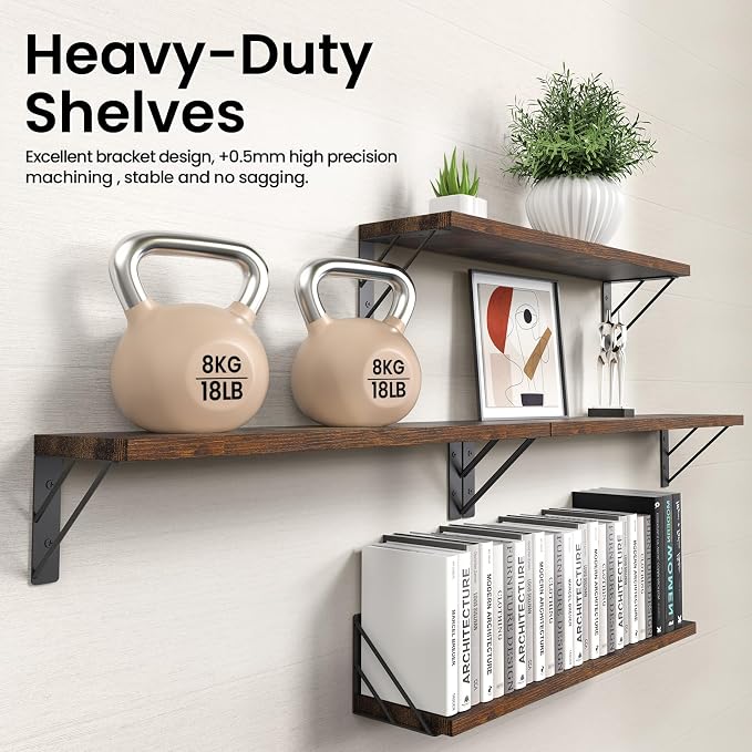 BAYKA Wall Shelves for Bedroom Decor, Wood, Rustic Brown, Set of 4, 23in - Image 5