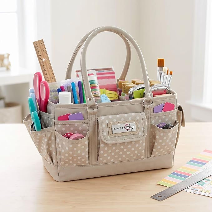 Everything Mary Deluxe Store & Tote Organizer – Tan Dot Craft Tote with Handle – Art Supply Caddy for Sewing, Scrapbooking, DIY Projects & Creative Tool Storage - Image 7
