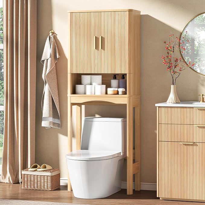 Vabches Farmhouse Over Toilet Storage Cabinet with 2 Fluted Doors,Natural - Image 6