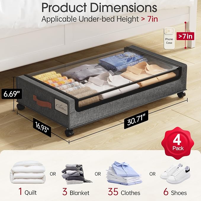 Yecaye Under Bed Storage with Wheels, 4 Pack Under Bed Rolling Storage with Clear Window & Label, 60 L Underbed Storage Containers, Rolling Under Bed Metal Drawer for Clothes, Shoes, Books - Image 2
