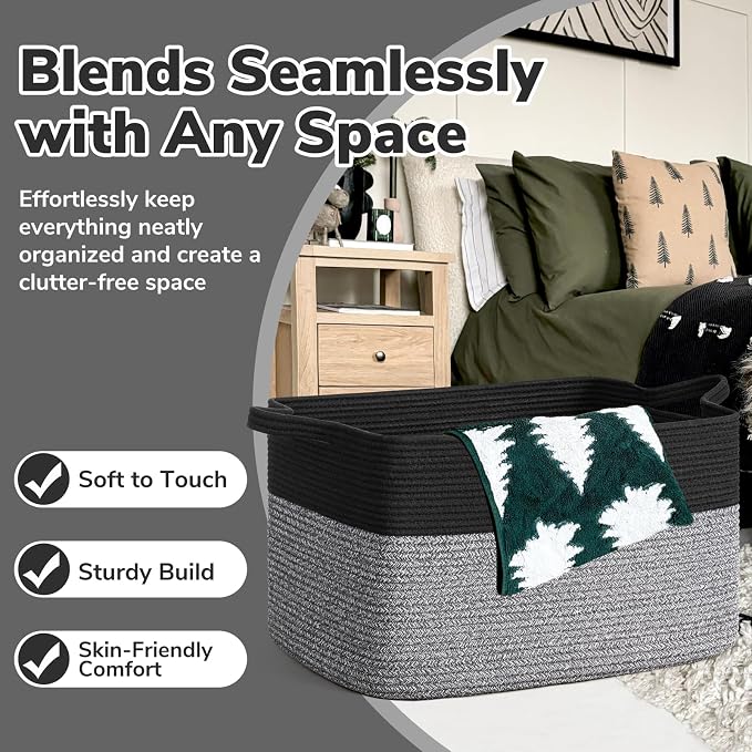 Goodpick Large Woven Rope Blanket Basket, Rectangle, Black & Gray - Image 5