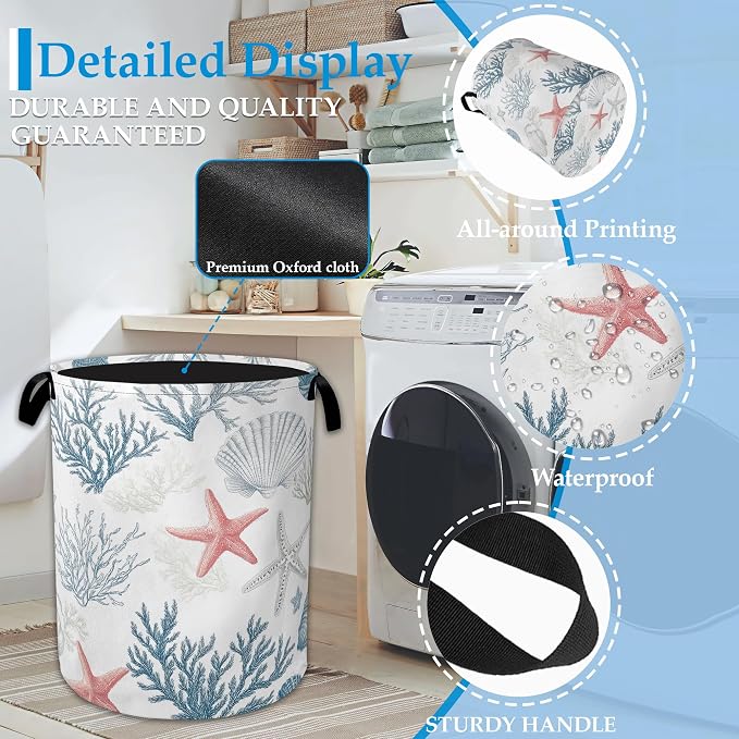 Seashell Starfish Ocean Laundry Basket Collapsible Laundry Hamper with Handle, Oxford Clothes Storage Bin for Bathroom Bedroom Room Decor 16" X 20.8" - Image 3