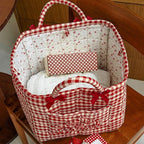 Storage Basket Boho Fabric Large Collapsible Floral Laundry Nursery Hamper Portable Folding Storage for Clothes Toys (Red Plaid) - Image 4